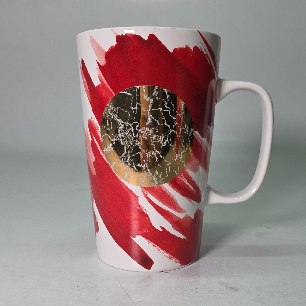 Starbucks 2014 Tall Coffee Mug Tea Cup‎ 16 Oz Red Abstract with Gold Circle